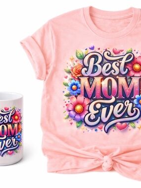 ✨ Best Mom Ever — Floral Graphic Tee + Matching Mug Set | Size M